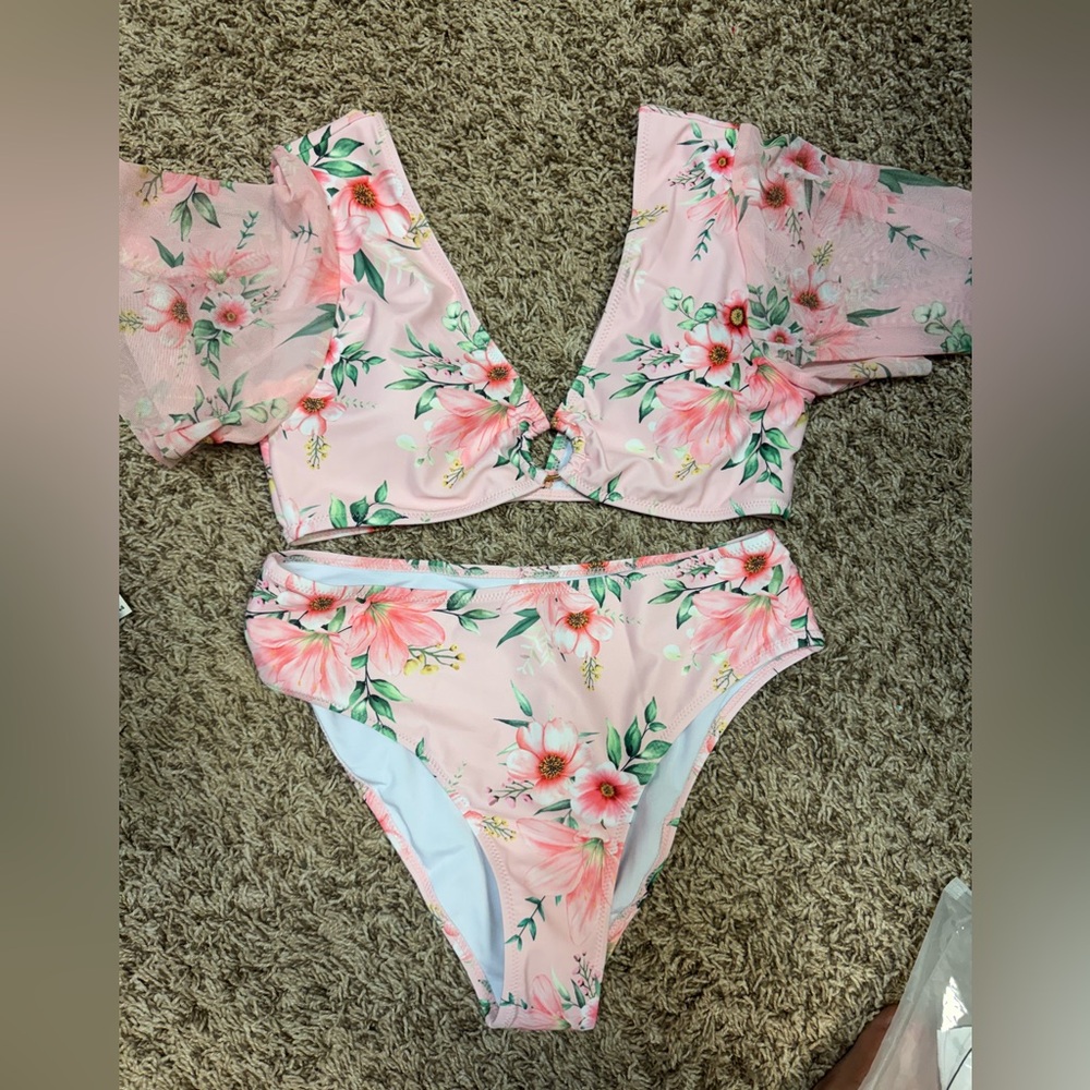 Floral Pink Bikini Set Beachsissi Ruffle Sleeve High Waist Size Medium